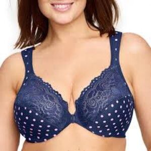 NWOT Glamorise WonderWire Blue/Pink Polka Dot Front-Closure Underwire Bra 42DD